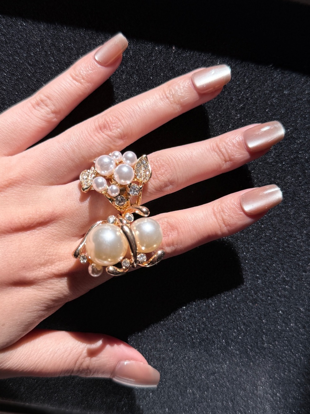 Vintage Style Faux Pearl Gold Statement Ring Set 2pc adjustable size